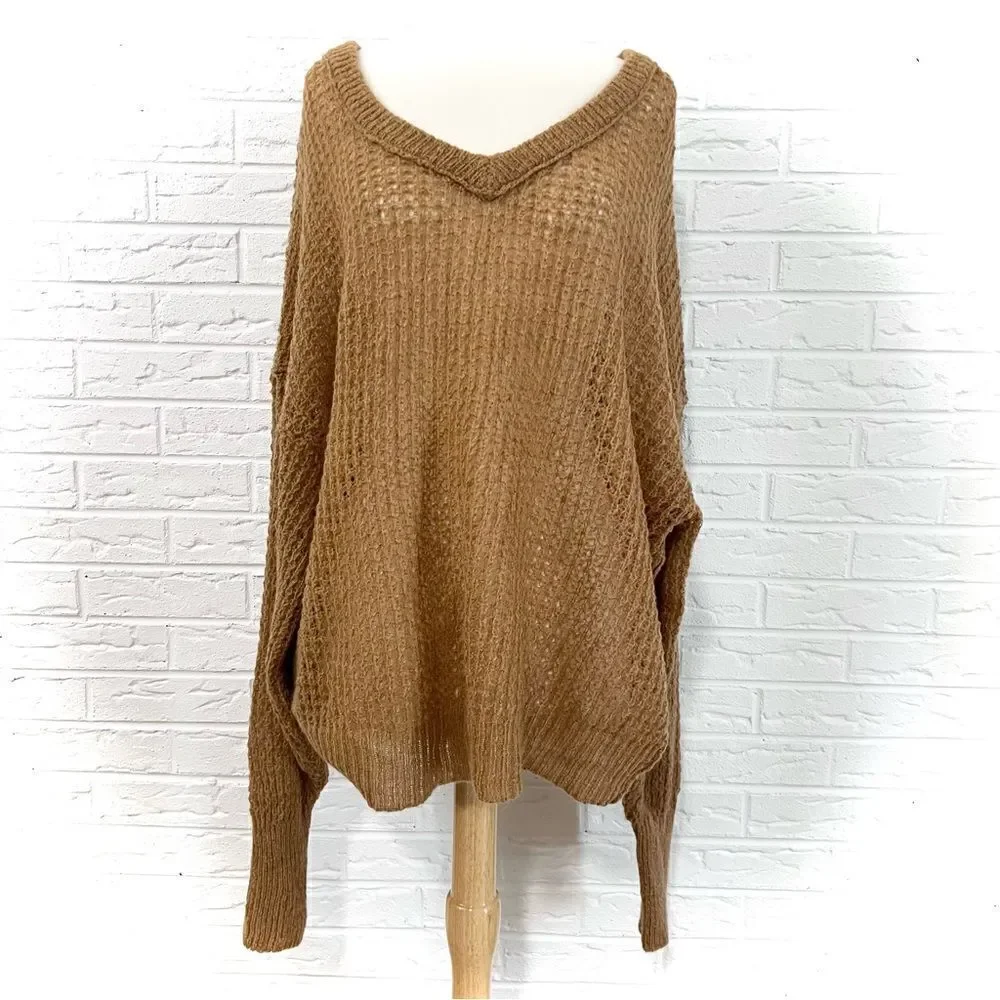 Free People Lulu Over-Sized V-Neck Waffle Knit Sweater Size Medium
